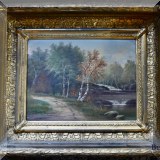 A04. Landscape painting with road, river and autumn colored birch tree. Oil on board. Signed J. Fisher. Board: 9” x 11.5”
